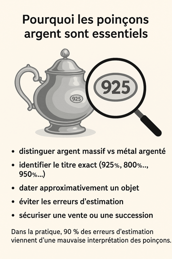 Pourquoi les poinçons argent sont essentiels Les poinçons permettent de : distinguer argent massif vs métal argenté, identifier le titre exact (925‰, 800‰, 950‰…), dater approximativement un objet, éviter les erreurs d’estimation, sécuriser une vente ou une succession. Dans la pratique, 90 % des erreurs d’estimation viennent d’une mauvaise interprétation des poinçons.