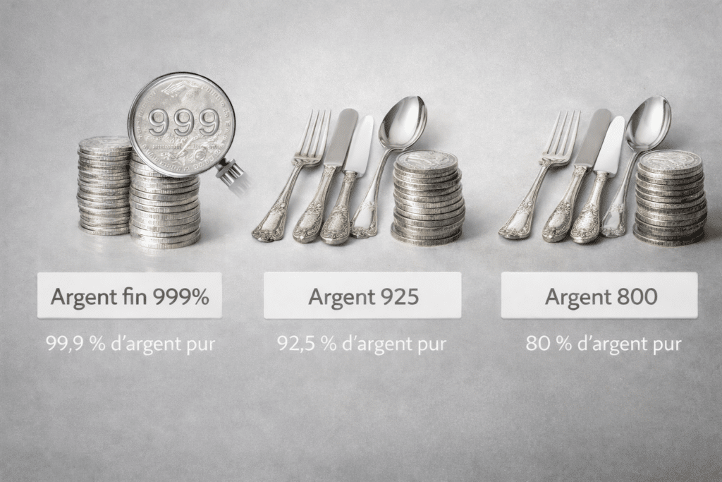 Comparaison visuelle entre argent fin 999‰, argent 925 et argent 800 avec piles de pièces et couverts illustrant les différents titres d’argent