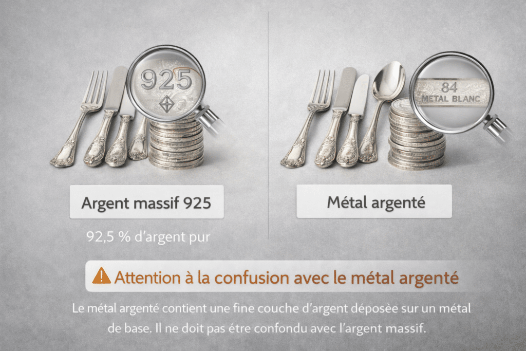 Comparaison entre argent massif 925 et métal argenté avec poinçons visibles montrant la différence de composition