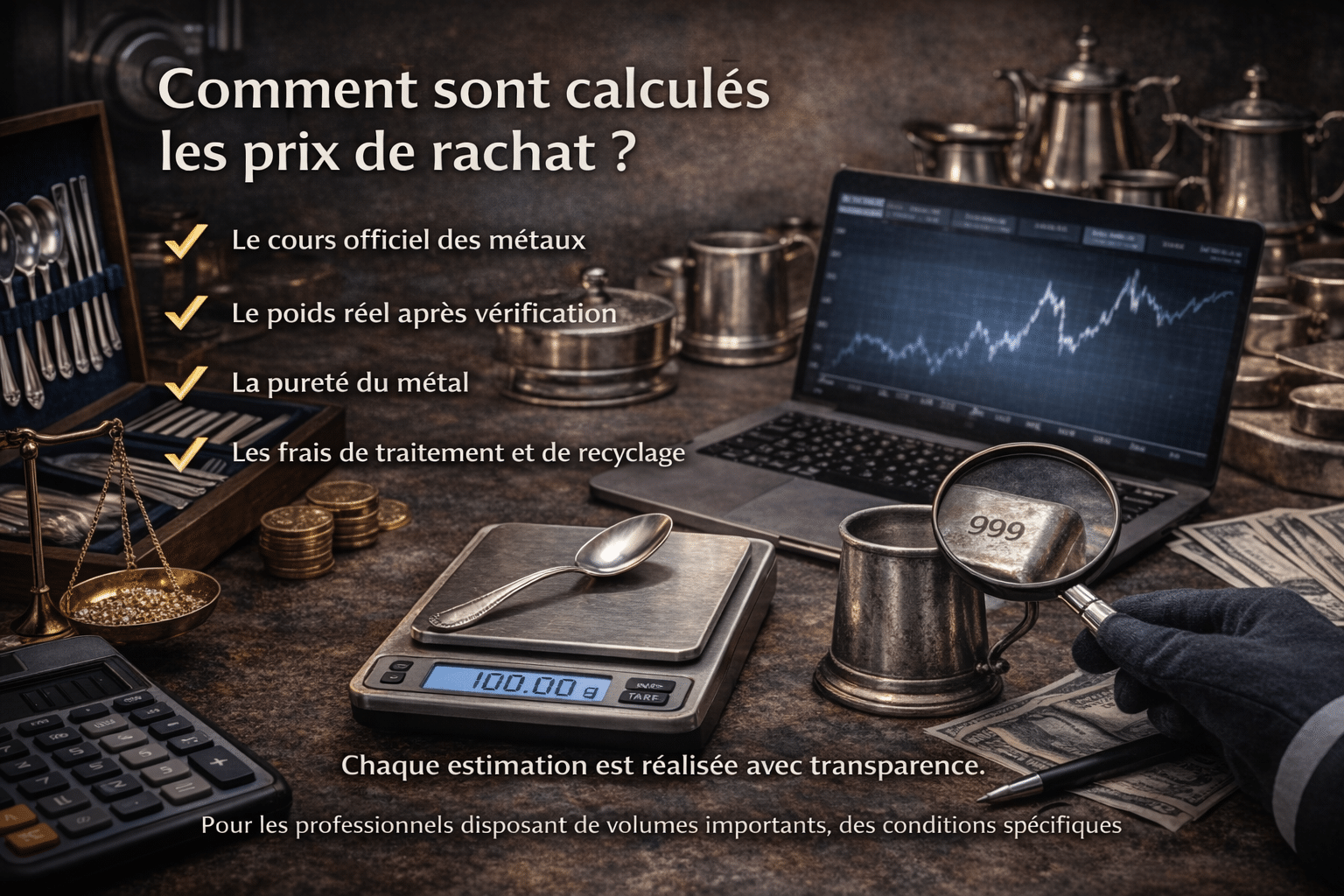 Balance de précision pesant une cuillère en métal argenté, loupe examinant un objet en étain, symbolisant le calcul du prix de rachat selon le cours, le poids et la pureté.