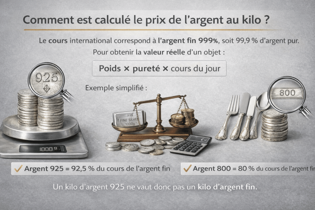 Infographie expliquant le calcul du prix de l’argent au kilo avec formule poids multiplié par pureté multiplié par cours du jour pour argent 925 et argent 800
