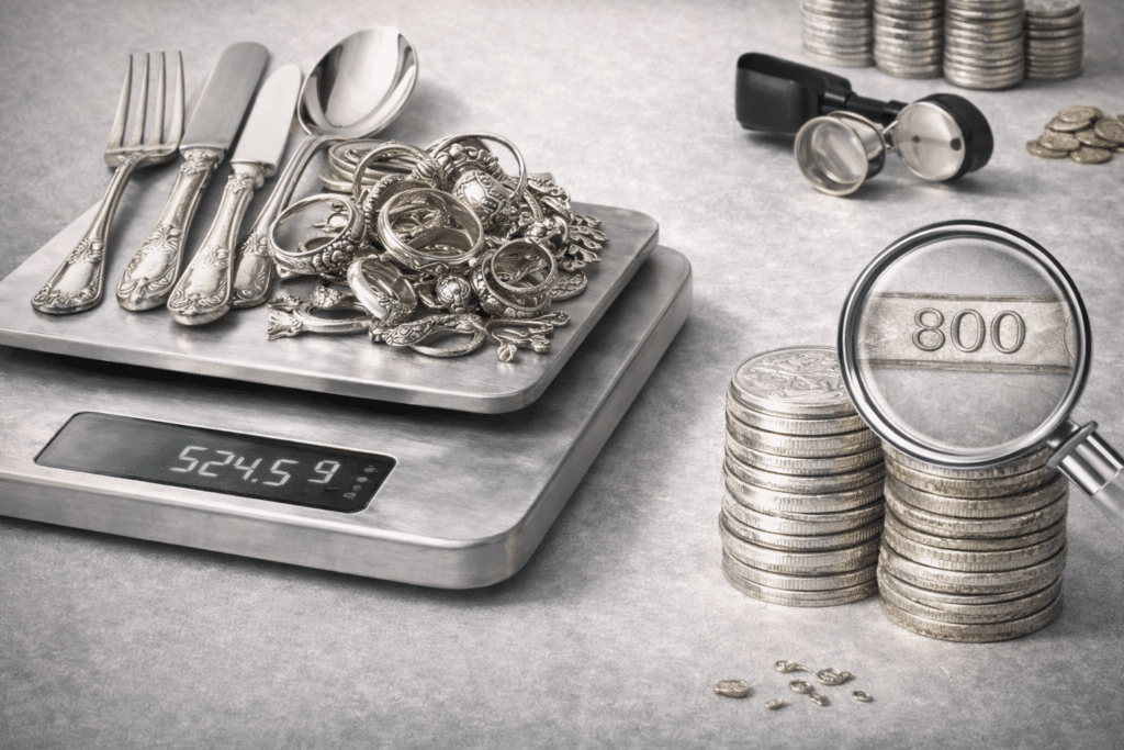 Couverts en argent massif, bijoux et objets anciens pesés sur balance pour estimation au poids avec vérification du poinçon 800