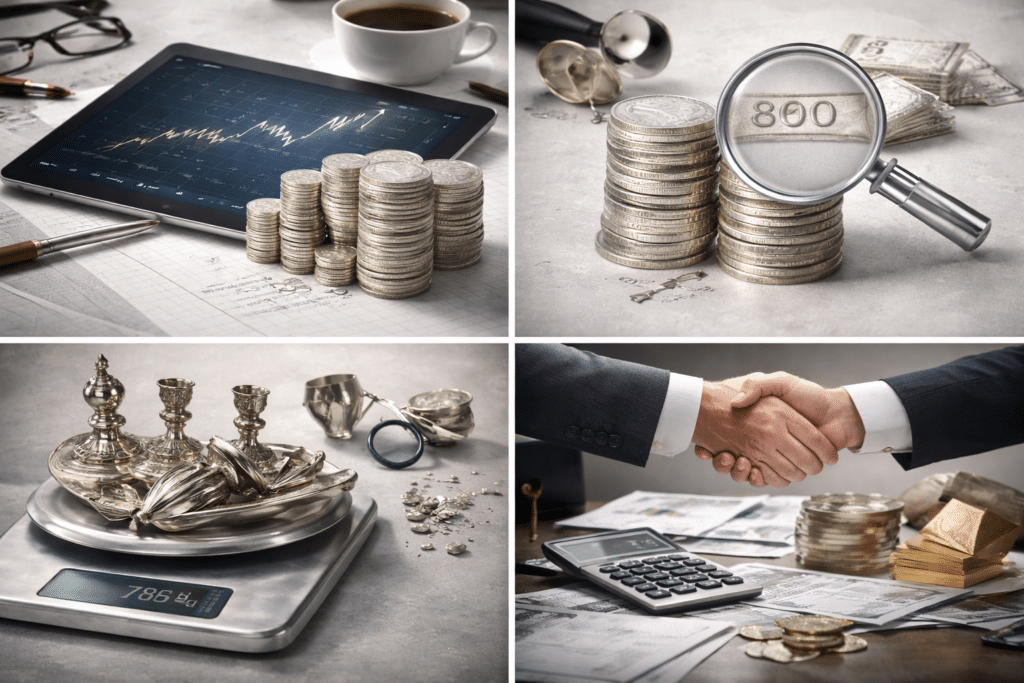 Illustration des facteurs influençant le prix de l’argent au kilo : cours mondial, contrôle du titre, pesée du poids net et conditions de marché