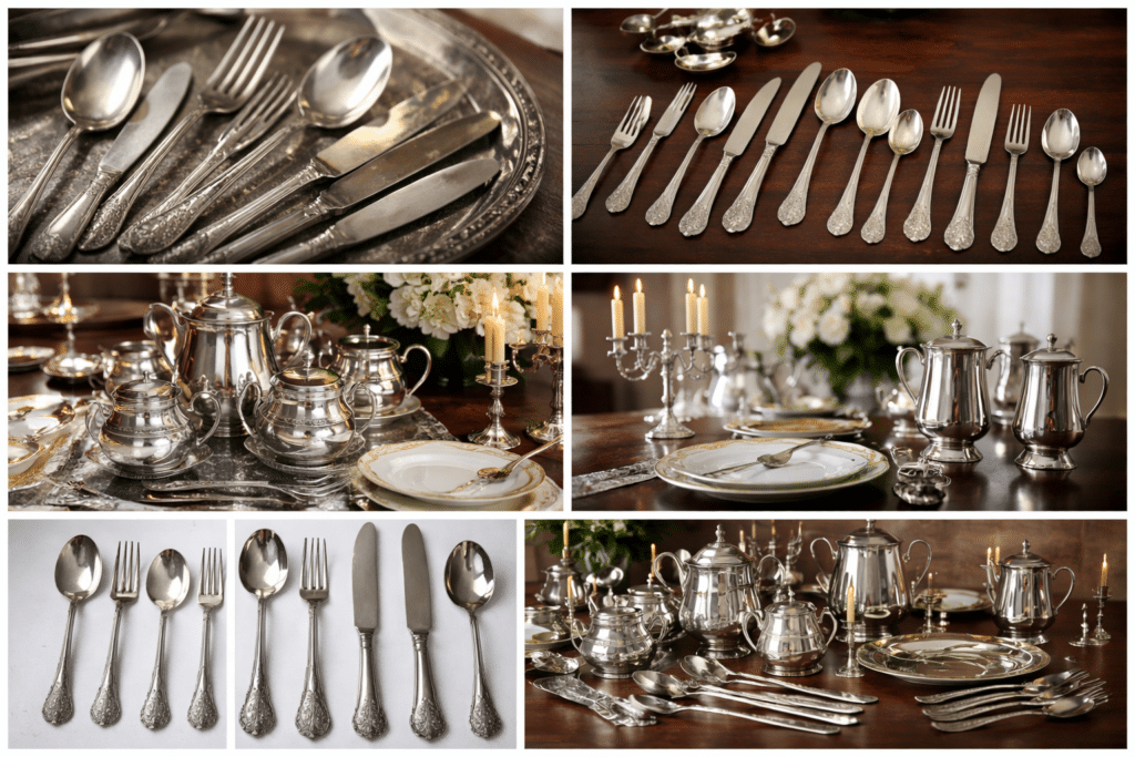 Couverts et service de table en métal argenté ancien disposés sur une table en bois, avec théière, sucrier et chandeliers en argenté